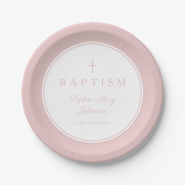 Prato De Papel Modern Pink Religious Cross Girl Baptism (Frente)