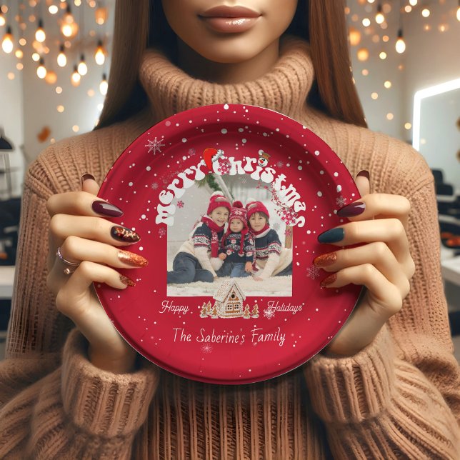 Prato De Papel Modern Red Curved Graffiti Merry Christmas Photos  (Criador carregado)