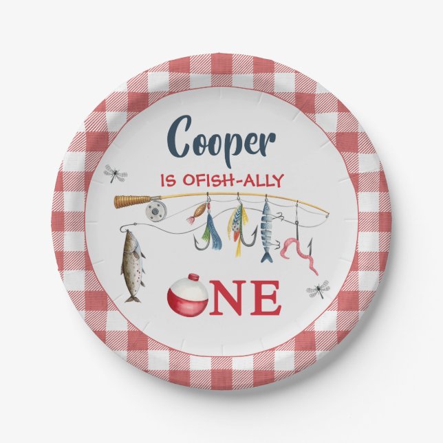 Prato De Papel Modern Red Gingham Fishing 1st Birthday  (Frente)