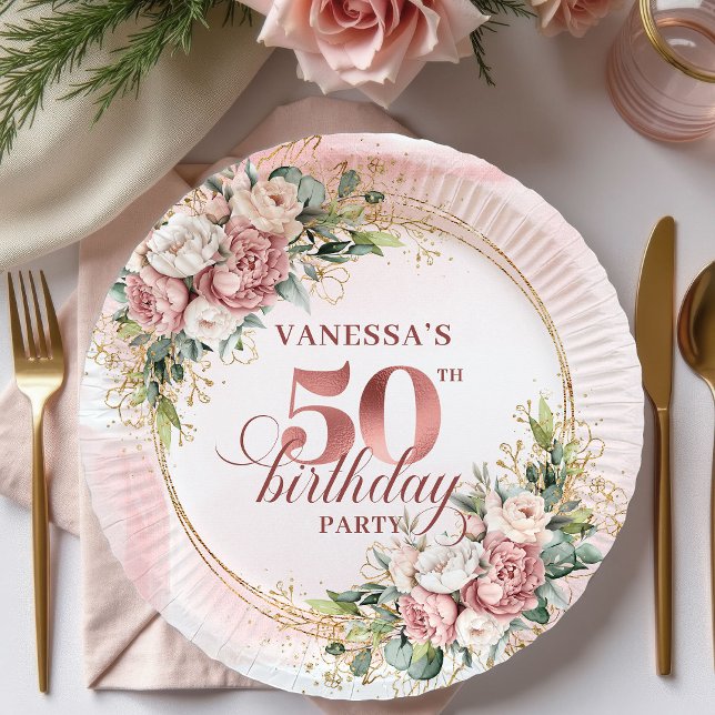 Prato De Papel Modern Rose Gold Greenery 50th Birthday Glitter   (Modern Rose Gold Greenery 50th Birthday Glitter Party Plates

)