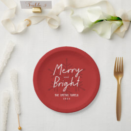 Prato De Papel Modern Script Merry & Bright Snowflakes Christmas