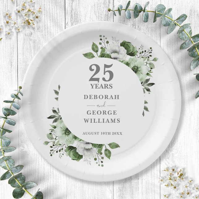 Prato De Papel Modern Silver Aniversário de 25 Anos de Casamento  (Modern Silver 25th Wedding Anniversary Greenery Paper Plates)