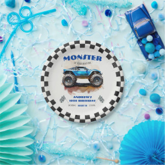 Prato De Papel Modern Watercolor Monster Truck Blue Boy Birthday