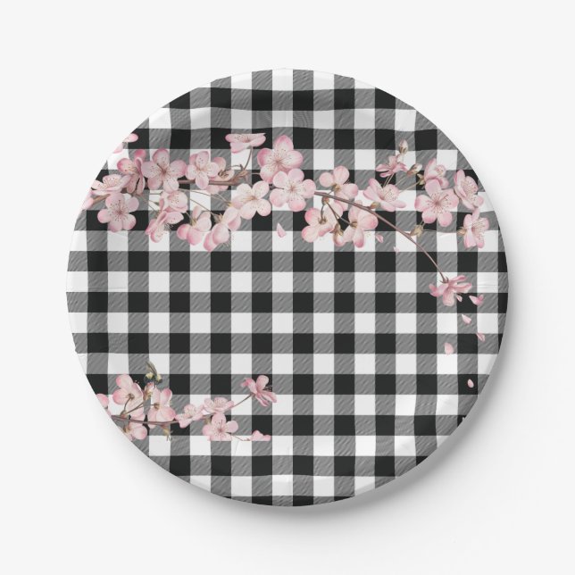Prato De Papel Moderno Buffalo Checks Preto Branco Flor de Cereje (Frente)