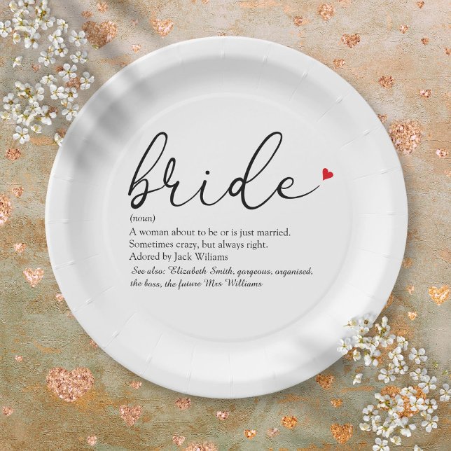 Prato De Papel Moderno de Script de Chá de panela de Definição de (Bride Definition, Bridal Shower Script Modern Paper Plates)