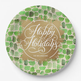 Prato De Papel Moderno e Dourado Faux Foil Happy Holidays Green