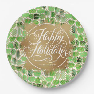 Prato De Papel Moderno e Dourado Faux Foil Happy Holidays Green