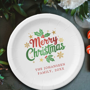 Prato De Papel Moderno Feliz Natal Família Festiva Vermelho e Ver