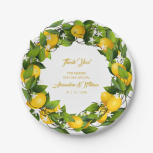 Prato De Papel Moderno Lemon Wreath Obrigado  Casamento
