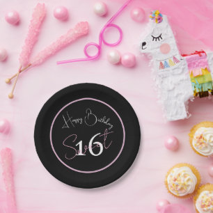 Prato De Papel Moderno Minimalista 16º Preto Rosa Aniversário