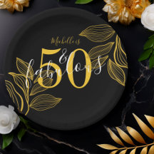 Prato de papel moderno preto e dourado 50 e fabulo