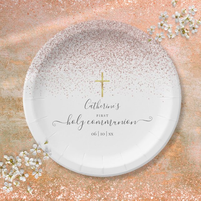 Prato De Papel Moderno Rosa Dourado Literatura Primeira Santa Com (Modern Rose Gold Glitter First Holy Communion Paper Plates)