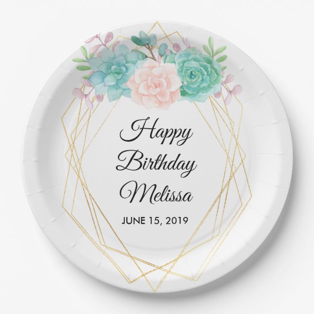 Prato De Papel Moderno Rosa e Verde Sucultura Aquarela Aniversári (Frente)