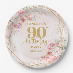 Prato De Papel Moldura com Brilho Dourado Rosa Floral Aniversário