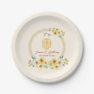 Prato De Papel Moldura de casamento chinês amarela floral pássaro