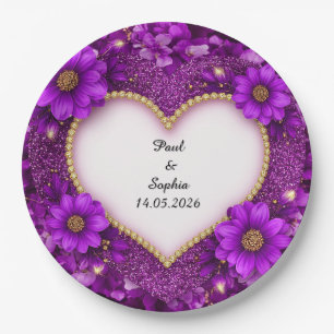 Prato De Papel Moldura de Coração Roxo com Brilho e Flores