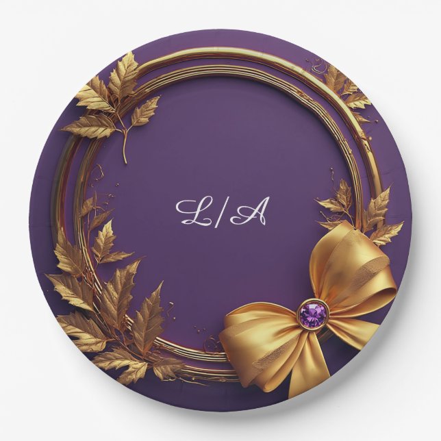 Prato De Papel Moldura de Coroa de Ouro com Folhas (Frente)