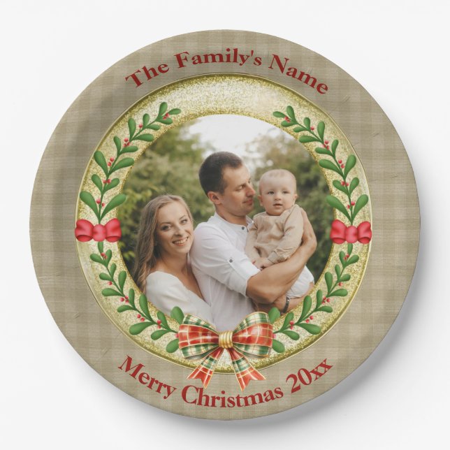 Prato De Papel Moldura de Foto Personalizada e Grinalda de Natal  (Frente)