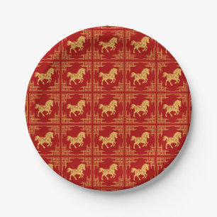 Prato De Papel Moldura de Ornamento Grego Cavalo Dourado Vermelho