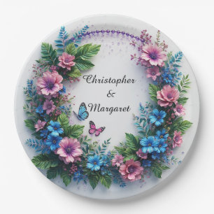 Prato De Papel Moldura Floral de Casamento com Flores Coloridas