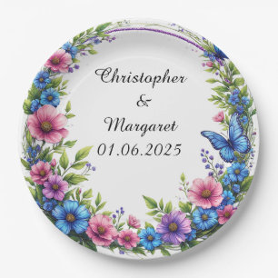 Prato De Papel Moldura Floral de Casamento com Flores Coloridas