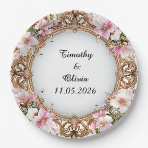 Prato De Papel Moldura Floral Elegante e Ornamentada para Casamen