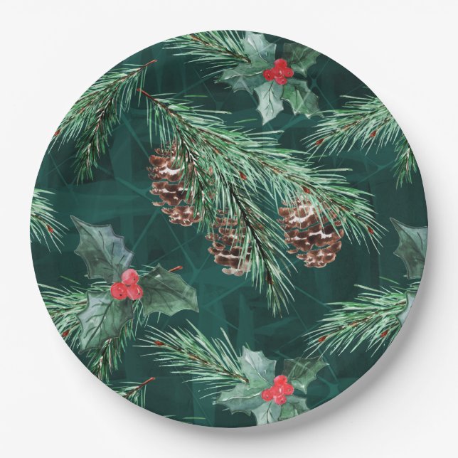 Prato De Papel Molho de Natal em aquarela com cones (Frente)