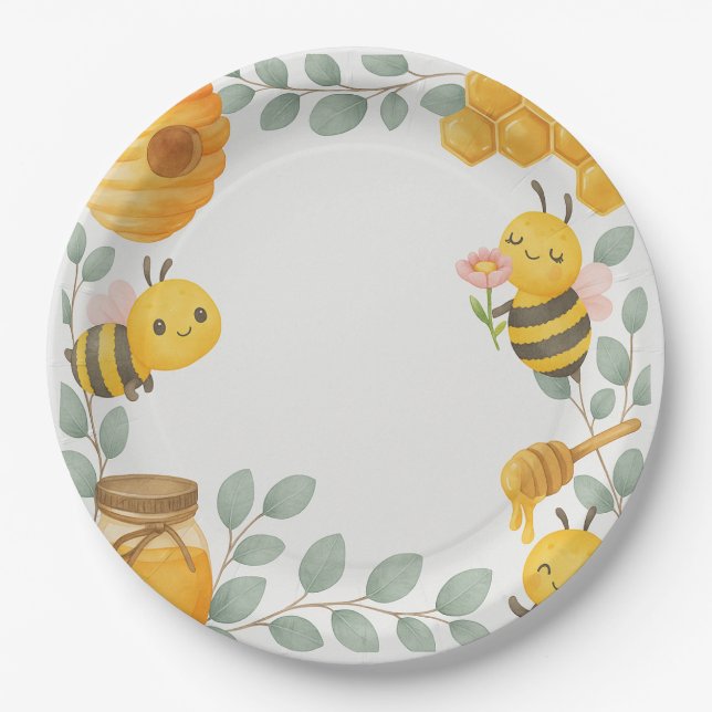 Prato De Papel Mommy to Bee Baby Shower Paper Plates (Frente)