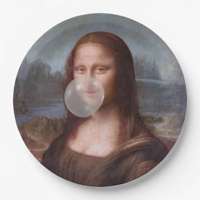 Prato De Papel Mona Lisa soprando chiclete cinza (Frente)