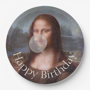Prato De Papel Mona Lisa soprando chiclete Feliz aniversário