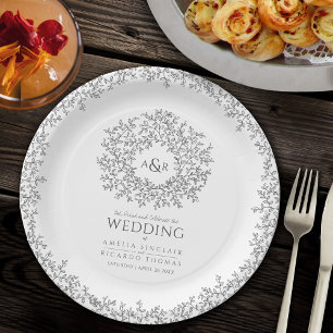 Prato De Papel mono círculo de folha desenho monograma casamento