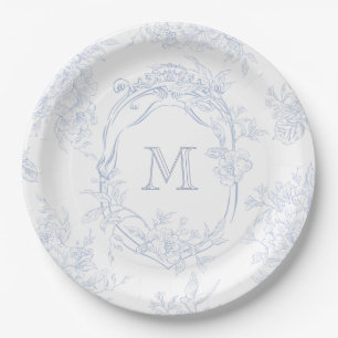 Prato De Papel Monograma Azul Floral Inicial Casamento Toile Brid