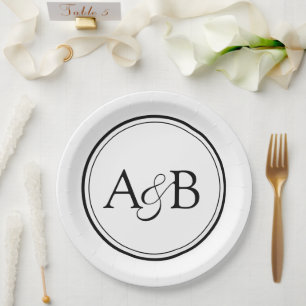 Prato De Papel Monograma Branco e Preto e Placas de Casamento com