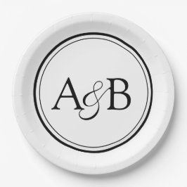 Prato De Papel Monograma Branco e Preto e Placas de Casamento com