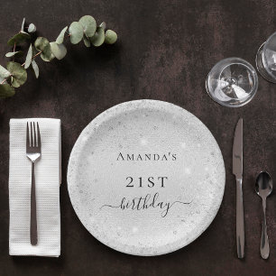 Prato De Papel Monograma brilhante de poeira de prata de anivers