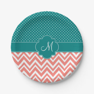 Prato De Papel Monograma Chevron coral com teste padrão de