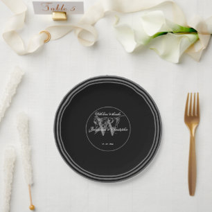 Prato De Papel Monograma Chic de Casamento Elegante de Prata Bran