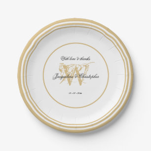 Prato De Papel Monograma Chic Dourado Casamento Romântico Branco 