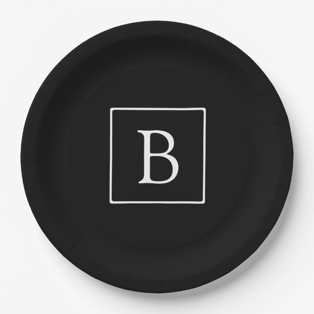 Prato De Papel Monograma Clássico Simples | Preto c/ Texto Branco (Frente)