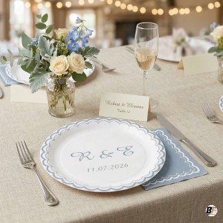 Prato De Papel Monograma com Recorte em Casamento Azul Poeira