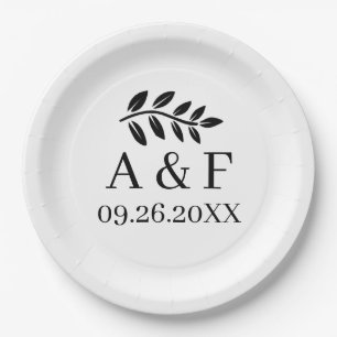 Prato De Papel Monograma Contemporâneo de Folhas Impressas