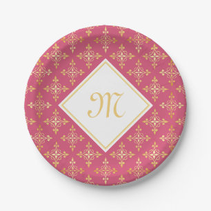 Prato De Papel Monograma cor-de-rosa e Dourado Quatre Floral
