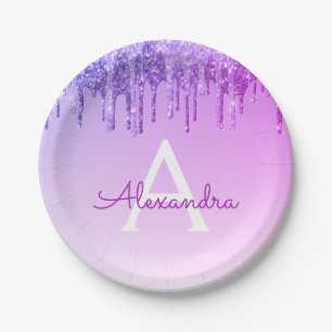 Prato De Papel Monograma de aniversário com brilho roxo e brilho