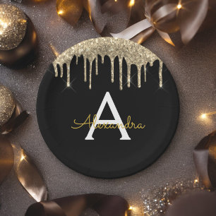 Prato De Papel Monograma de Aniversário em Brilho Preto e Dourado