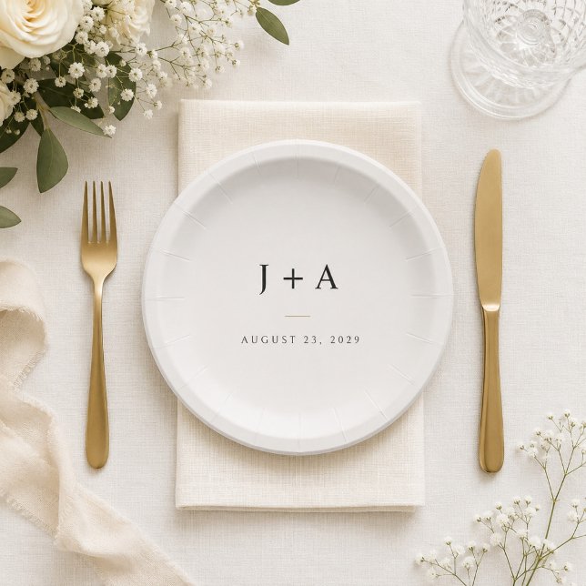 Prato De Papel Monograma de Cama de Papel para Casamento Minimali (Criador carregado)