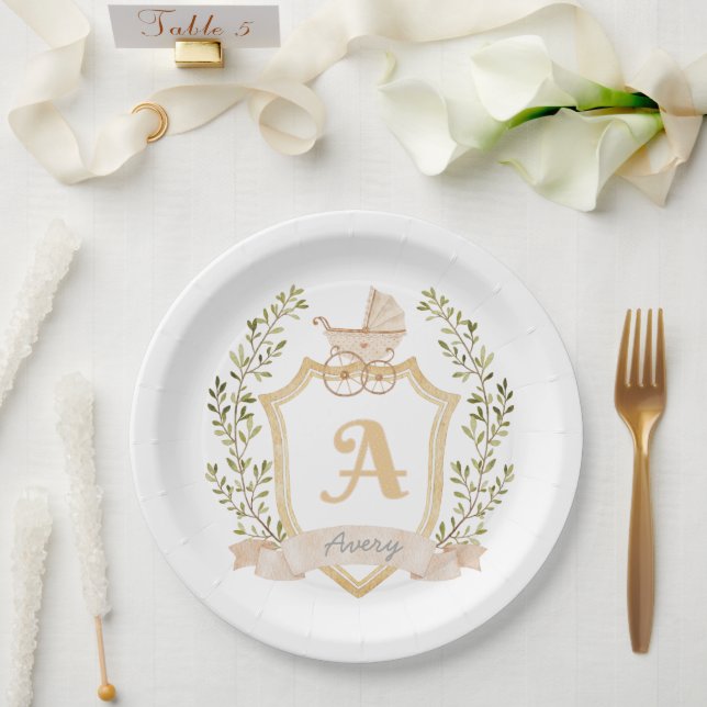 Prato De Papel Monograma de Carruagem de bebê A | Anoncem de nasc (Casamento)