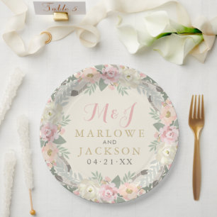 Prato De Papel Monograma de Casamento Boho Floral Rosa Marfim e D