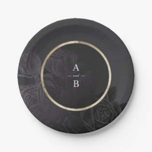Prato De Papel Monograma de casamento botânico preto-rosa de-luxo