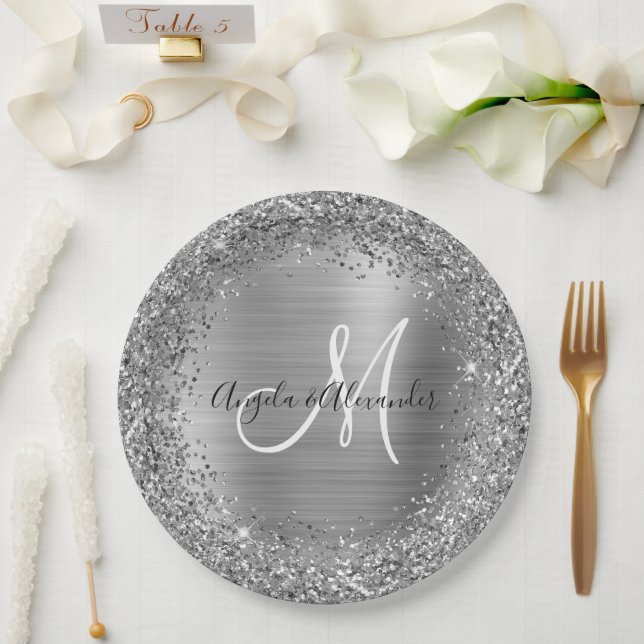 Prato De Papel Monograma de Casamento com Brilho e Folha de Prata (Casamento)