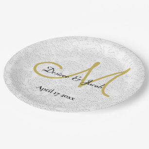 Prato De Papel Monograma de Casamento Elegante Preto Branco Doura